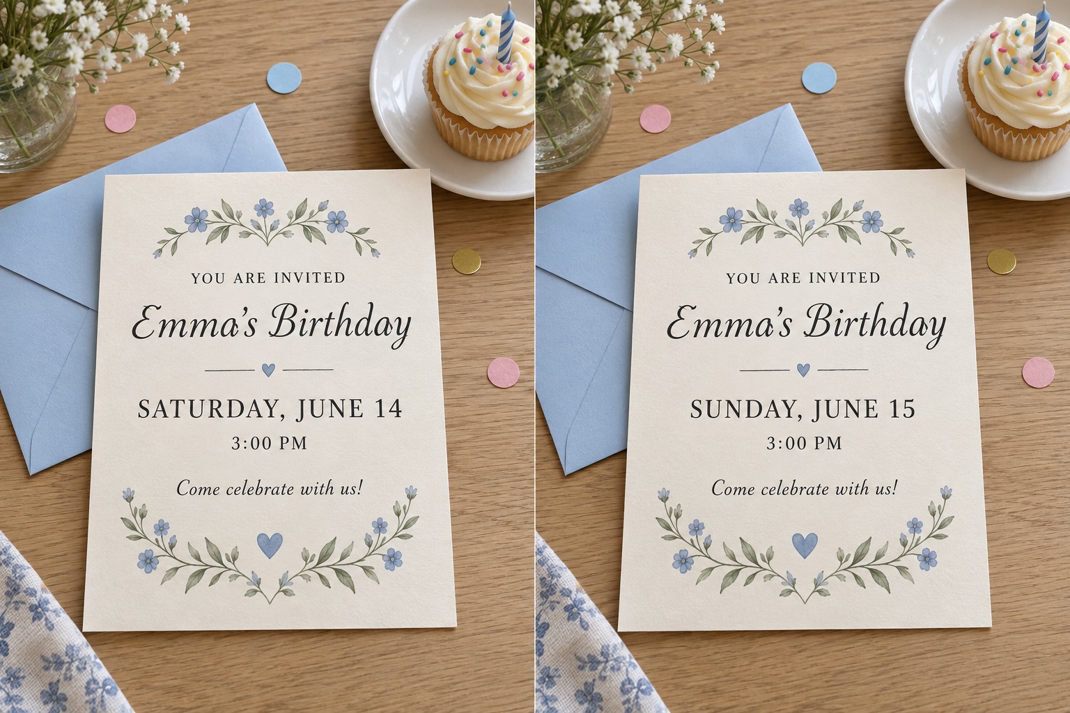 After: Photorealistic illustrative birthday invitation on a dining table, with Saturday June 14 changed to Sunday June 15.