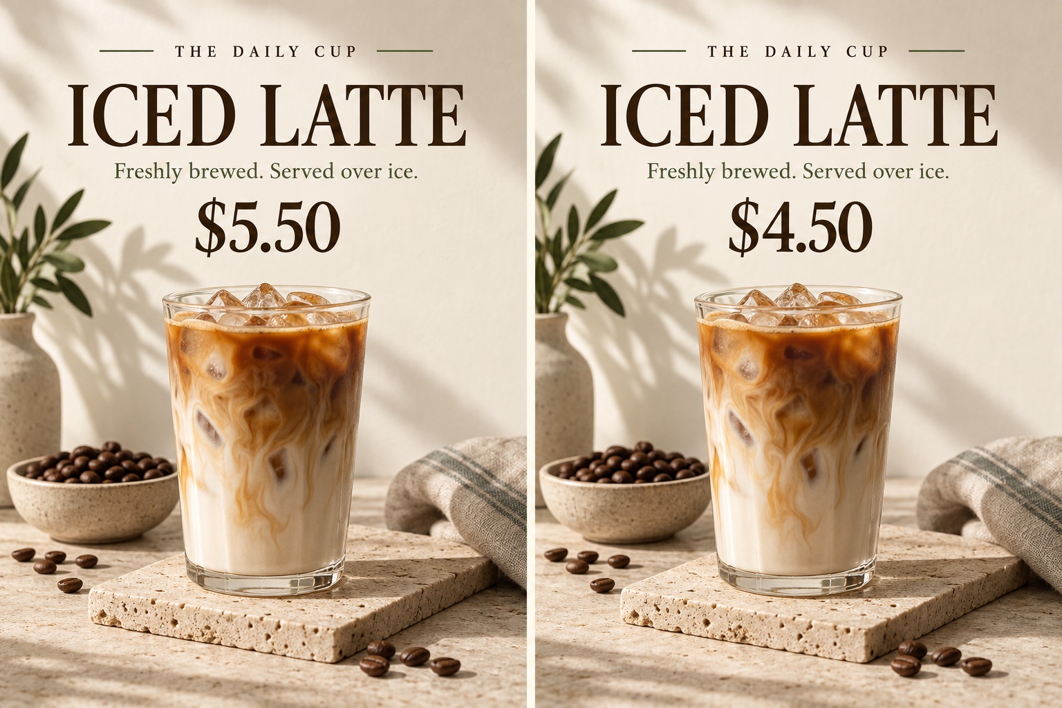After: Before and after iced latte menu: price changed from $5.50 to $4.50.