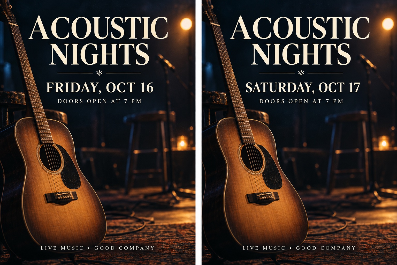 After: Before and after acoustic concert poster: Friday October 16 changed to Saturday October 17.