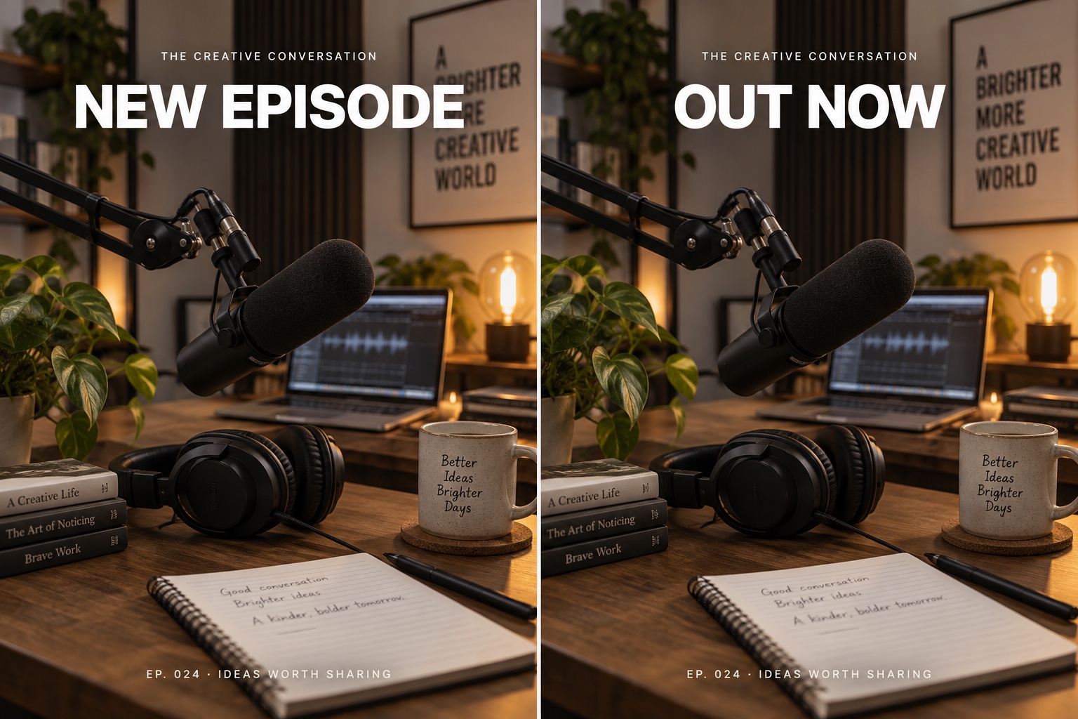 After: Illustrative podcast graphic with NEW EPISODE replaced by OUT NOW.