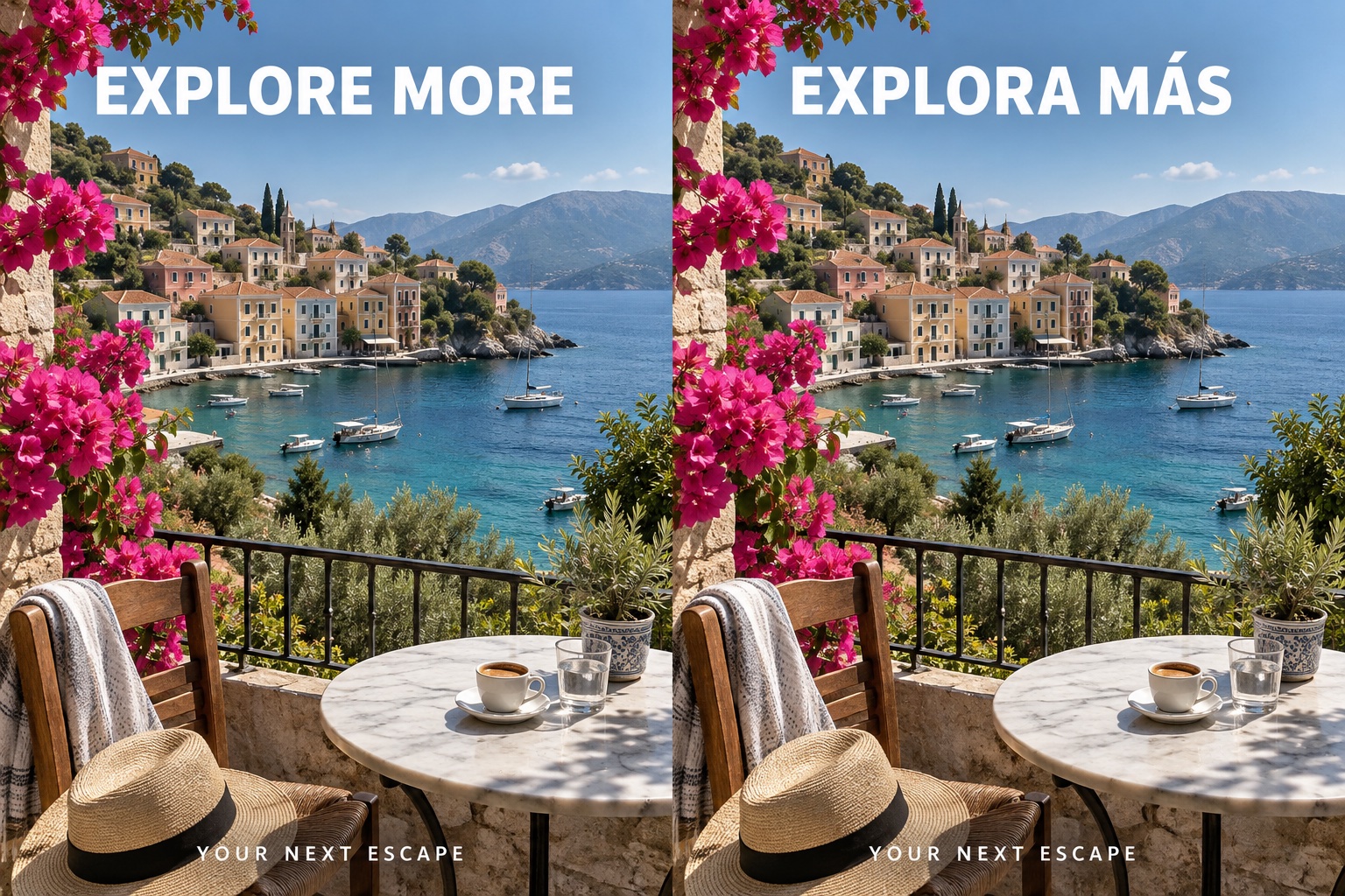 After: Illustrative travel poster with EXPLORE MORE replaced by Spanish EXPLORA MÁS.