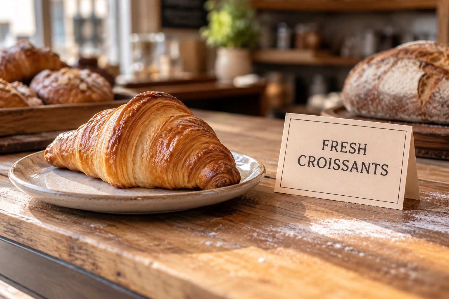 修改后: 牛角包旁的面包店标签写着 FRESH CROISSANTS。