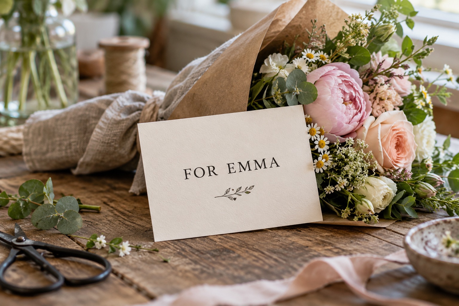修改后: 花店工作台上的花束与写有 FOR EMMA 的纹理贺卡。